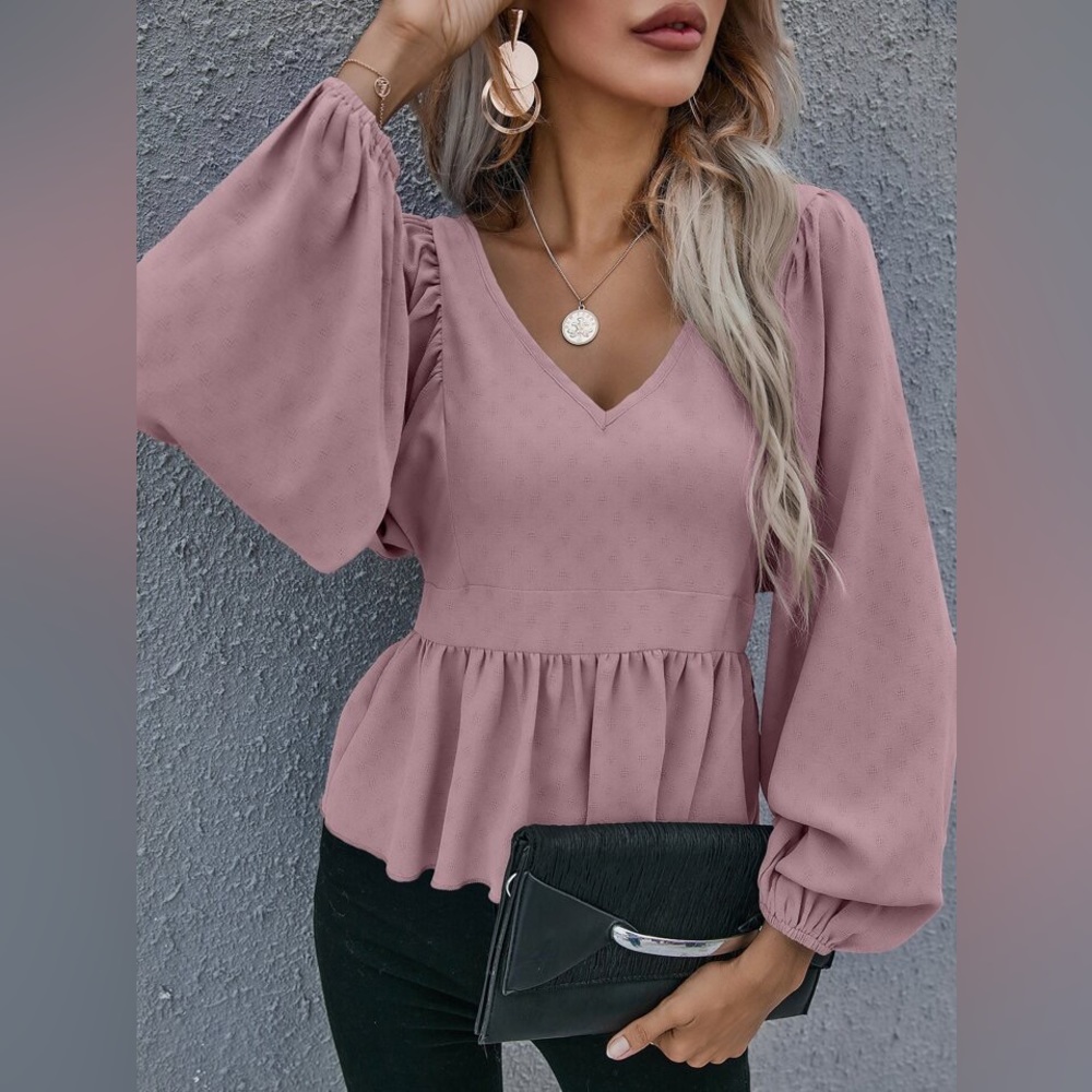 Lantern Sleeve Ruffle Hem Blouse